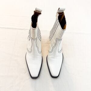 Ganni Embossed Leather Cowboy Boots Bootie Patent White Leather Size 37